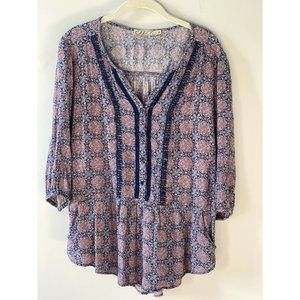 Chloe K Women Blue 3/4 Sleeve Top M Boho Cottagecore Paisley Blue Print